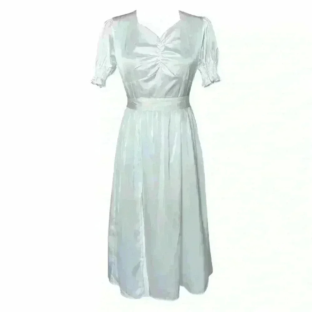 Satin Silky Soft Midi Dress Side Slit Puff Sleeve